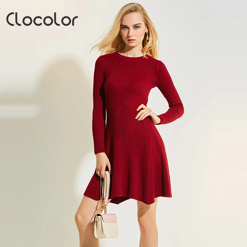 

Clocolor Women Knitted Dress Round Neck Long Sleeve A-Line Plain Solid Pullover Knitted 2018 New Autumn Women Sweater Dress