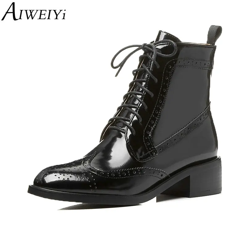 

AIWEIYi Women's Boots Ankle Boots Genuine Leather Winter Boot Sankle Boots For Women Square Low Heel Lace Up Black Ladies Shoes