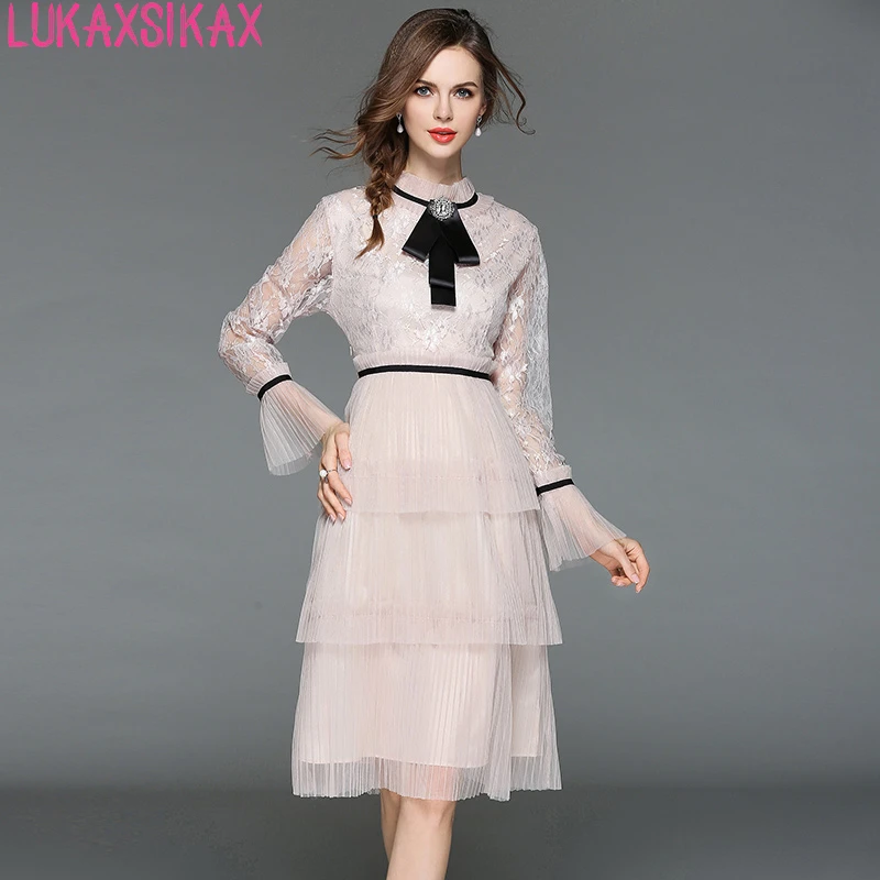 

2019 New Women Spring Autumn Long Sleeve Dress High-end Custom Pleated Mesh Lace Patchwork Apricot Runway Dress Party Dresses