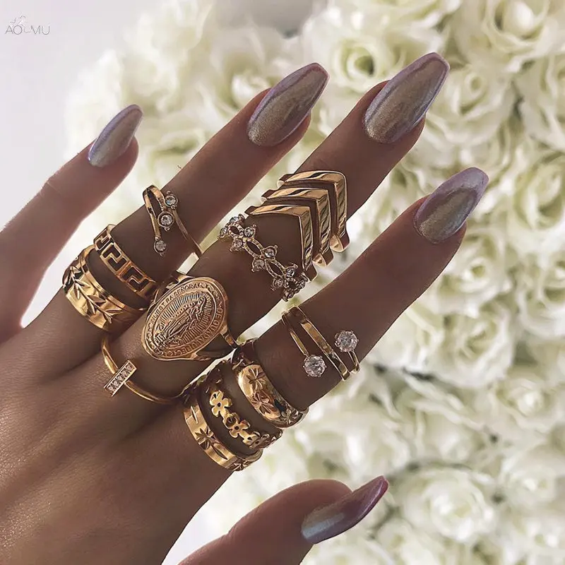 

AOMU 13PCS Vintage Ring Set Bohemian Ring For Women Fashion Rings Jewelry Party Gifts Crystal Rhinestones Flower Ring