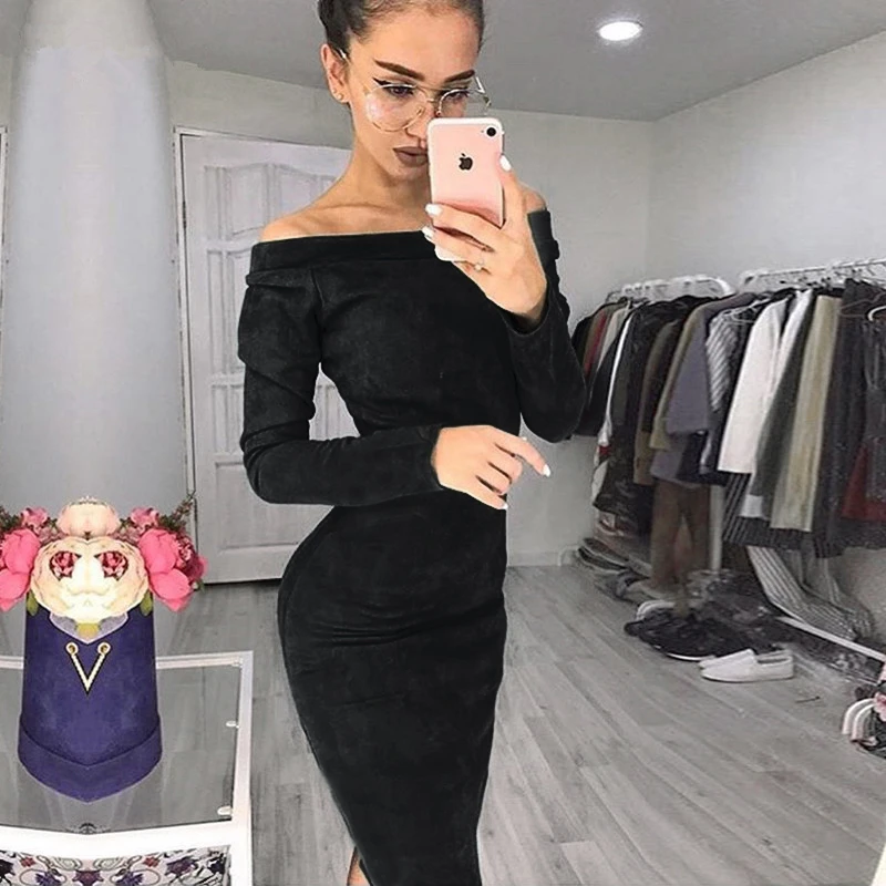 Sólido ante largo de manga de hombro las mujeres Mediados de pantorrilla vestido 2018 Otoño Invierno femenino Sexy Bodycon vestidos de fiesta de año nuevo| Vestidos| - AliExpress