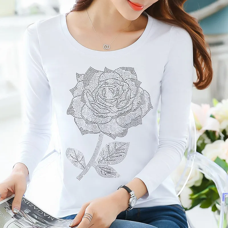 Camisetas Mujer, осенняя женская футболка, женская футболка, женские футболки, женские Стразы, Топ с длинным рукавом, vetement femme