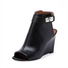 

Fashion Black Leather Women Wedge Boots Peep Toe Back Cut-out Strap Lock Decor Ladies Ridding Boots Plus Size 10