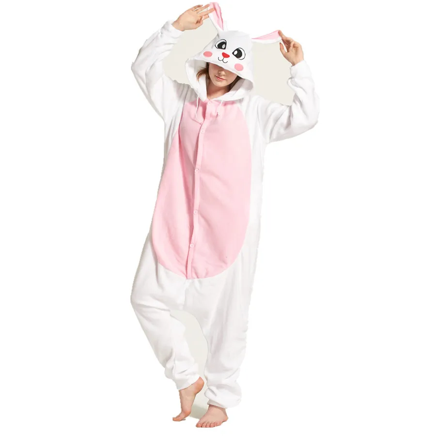 Adults Polar Fleece White Rabbit Animal Kigurumi Women Men Onesies Pyjamas Cosplay Costume Halloween Carnival Party