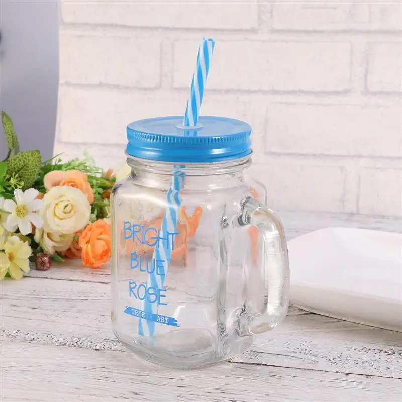 

2 Pcs Straw Mason Cup 500ML Creative Portable Glass Bottle Juice Cup Drink Cup with Straw Lid for Home Restaurant Kitchen