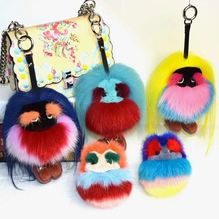 

Fluffy Genuine Real Fur Pom Pom Keychain Monster Fur Keyring Key Chain Women Bag Charm Bag Accessories