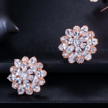 

White Copper Round AAA Cubic Zirconia Ice Flower Stud Earrings Fashion Jewelry Earring Female Wedding Party Gift Women's jewelry