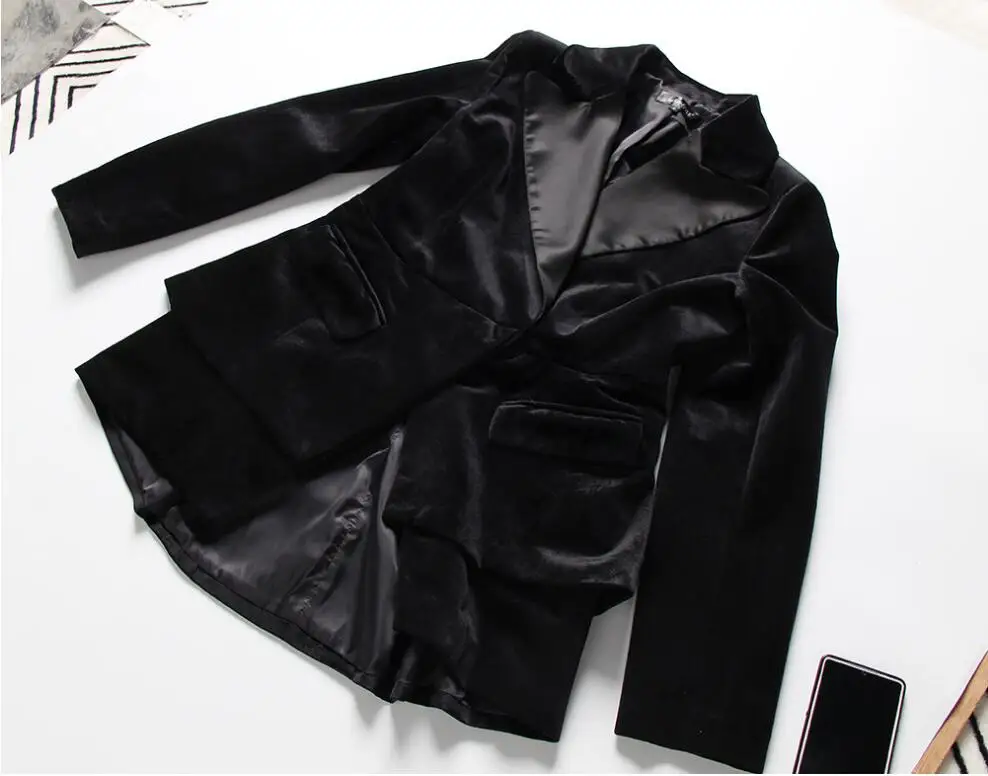 Для женщин ПР Зубчатый воротник шить бархатный блейзер черный прилив лук пояса с длинным рукавом X-длинные двойной подол пиджак пальто