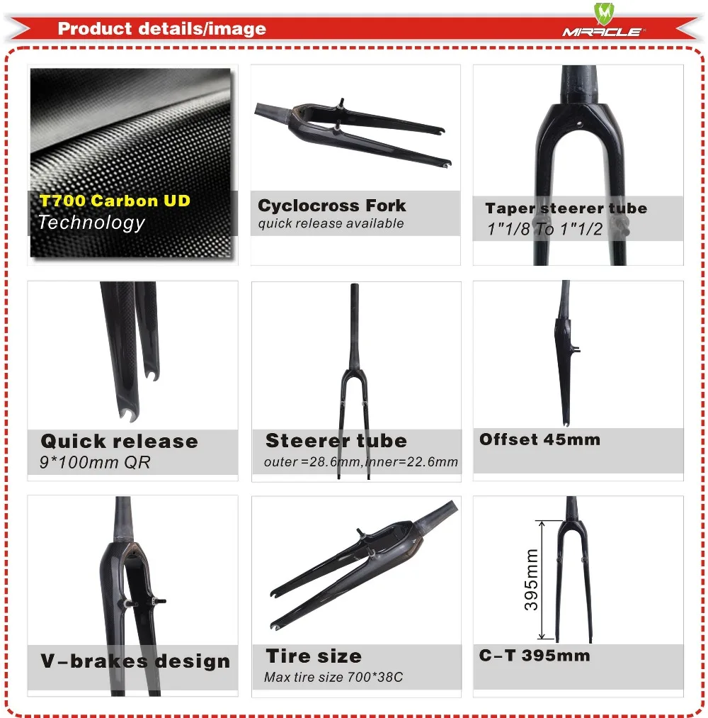 Miracle new design cyclocross bikes carbon fork,V-brakes CX carbon fork,cyclocross bikes carbon fork,taper CX carbon fork