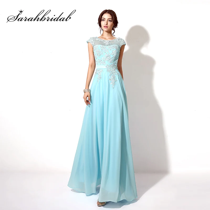

Elegant Sheer Tulle Neckline Prom Dresses 2015 Hot Hand Beading Appliques Evening Gowns vestidos de fiesta largo In Stock SD181