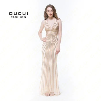

Plus Size 2019 Evening Dresses Long Sexy Open back Party Prom Straight Shining Full Beading Halter Handmade Tulle OL102873