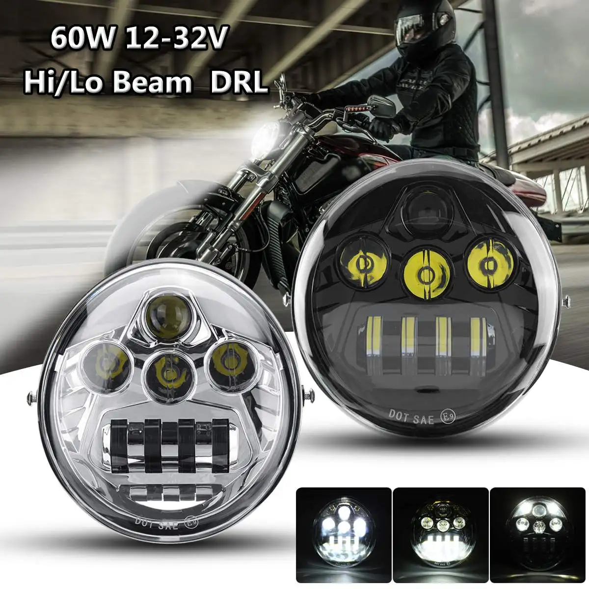

DOT E9 60W Motorcycle LED Headlight Hi-Lo Beam DRL for Harley for Davidson VROD VRSC