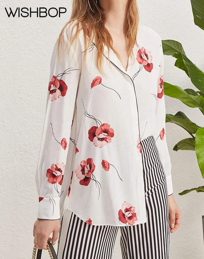 2018 Summer/Fall Newest Women Red Flower Print White Blouse Top Wishbop Ladies Casual Long