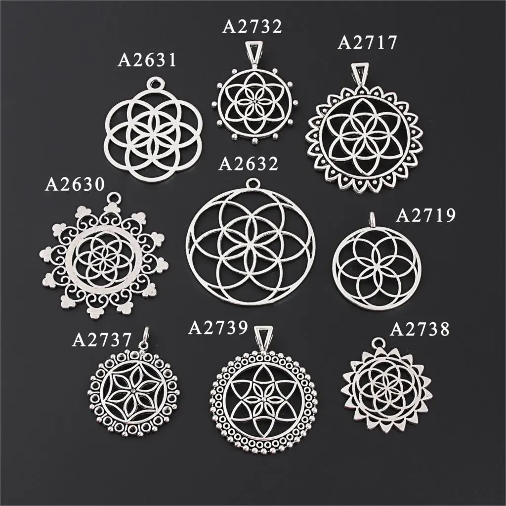 

5Pcs Antique Sliver Big Geometric Yoga Charms Flower Shaped Pattern OM Pendant Making Wonen Necklaces Diy Jewelry Wholesale