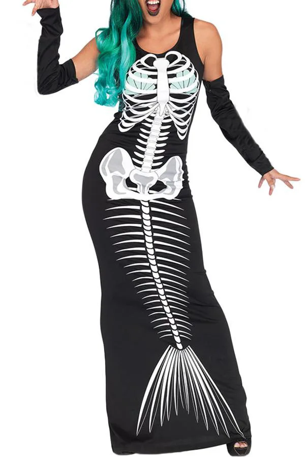 Women 3D Style Skeleton Halloween Cosplay Costumes Stretch Skirt and