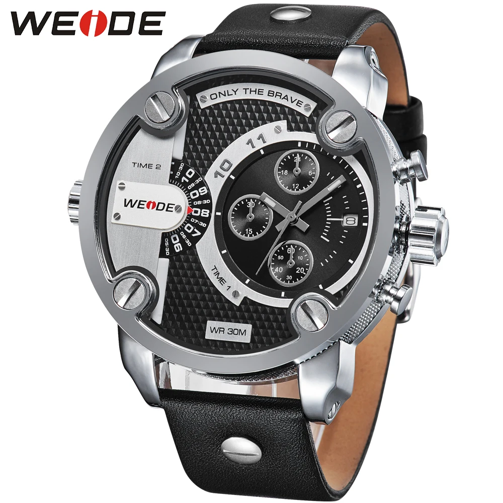 

Weide sports mens genuine leather strap quartz luxury brand fashion casual multiple time zone calendar wrist watches with box