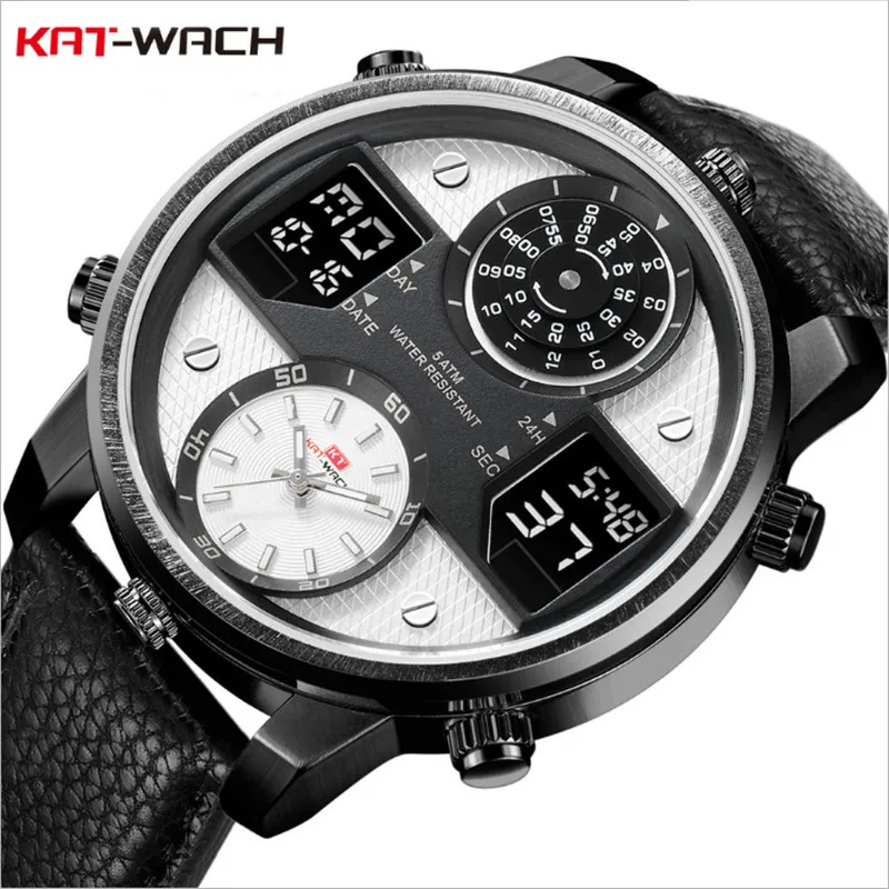 

Mens Watch Big Face 51mm Big Hour Marker Digital Analog Watch Genuine Leather Strap Sports Military Watch For Men