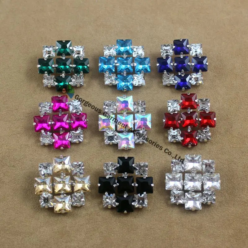 

20pcs 27mm Square Red Royal blue Emerald Aquamarin Black AB Crystal Rhinestone Button Diamante Centerpiece Silver diy browband