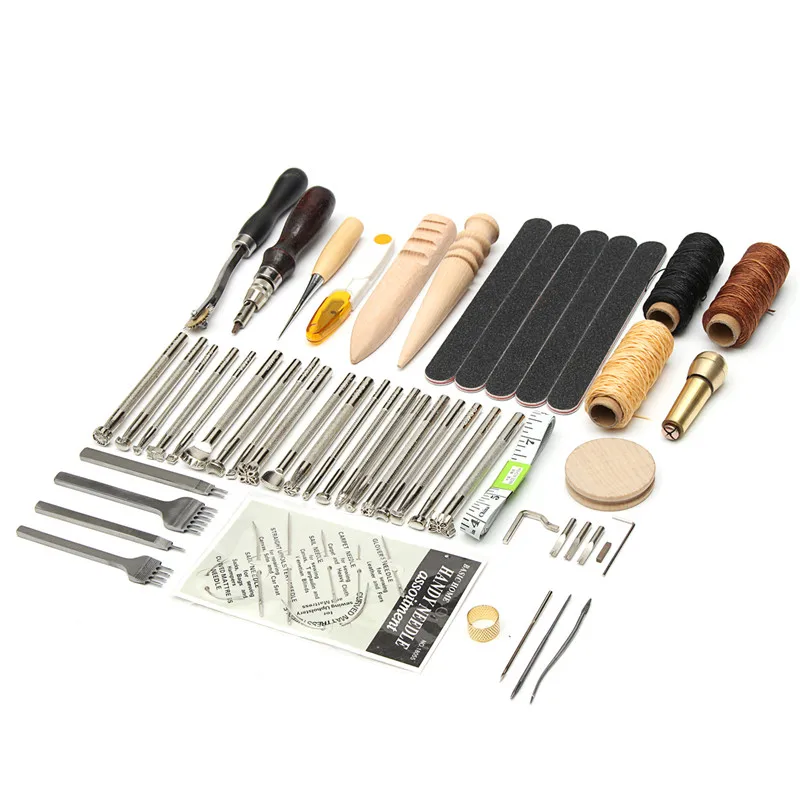 

59PCS Leather Craft Hand Tools Kit Thread Awl Waxed Thimble Kit For Hand Stitching Sewing Stamping DIY Tool Set