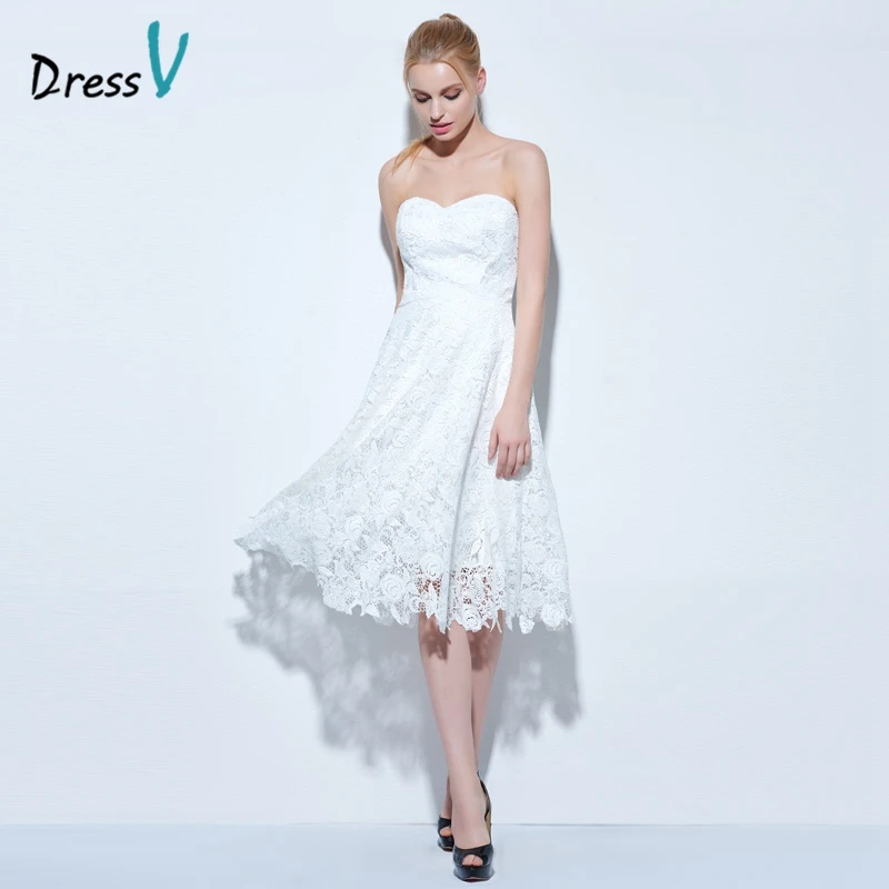 Dressv ivory sweetheart cocktail dress A line sleeveless knee length lace cocktail dress cheap