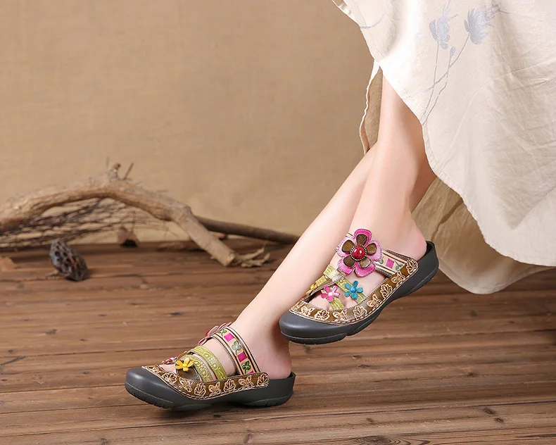 Повседневная женская обувь из натуральной кожи с цветочным узором; женские босоножки ручной работы в богемном стиле; Классические летние женские босоножки с аппликацией