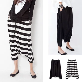 

Pantalon Femme Taille Haute Striped Pants Women Lace Up Pants Summer Ankle Length Trousers Plus Size Loose Low Crotch Pants