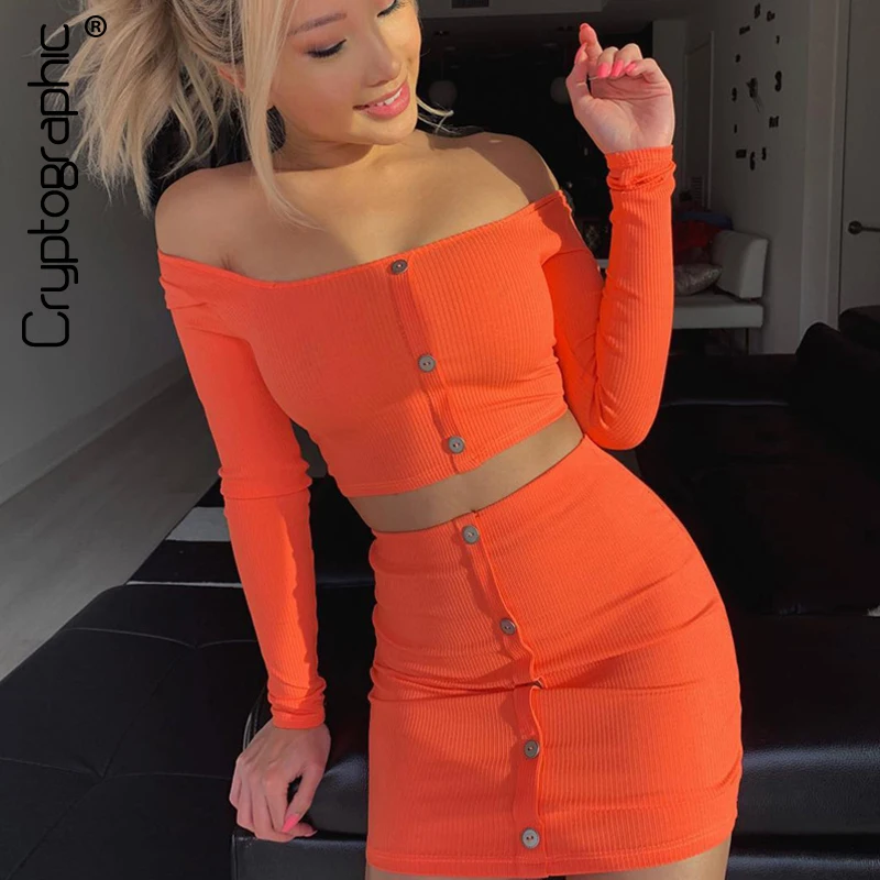 Meilleur Cryptographique mode tenues Orange vif femmes ensembles boutons à manches longues culture hauts Sexy deux pièces ensemble décontracté moulante jupes