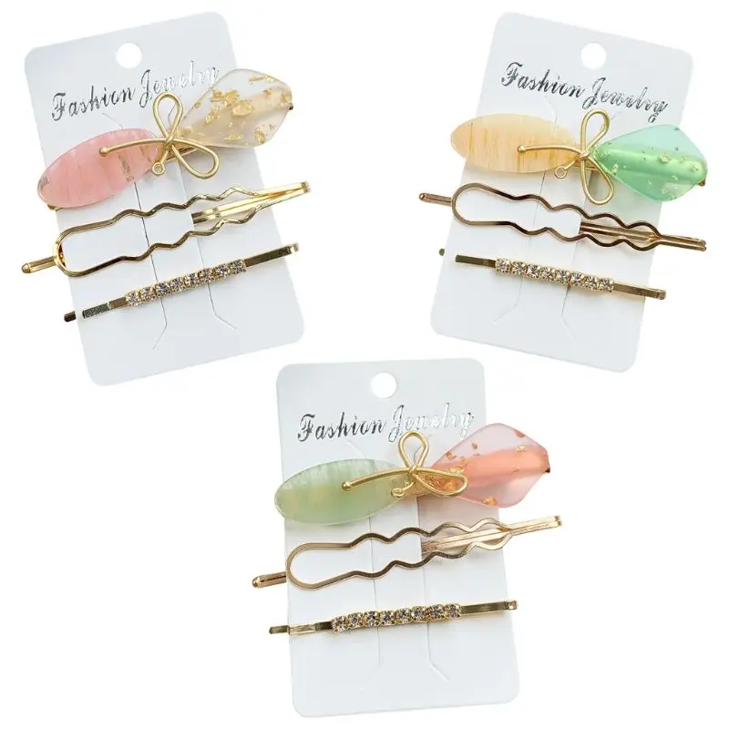 

3Pcs/Set Fresh Style Contrast Candy Color Acetate Hair Clip Women Metal Bowknot Alligator Hairpin Rhinestone Geometric Barrettes