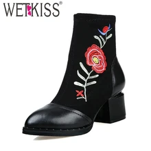 WETKISS/женские ботильоны в стиле пэчворк; ботинки на резиновой подошве с вышивкой в национальном стиле; женская обувь из натуральной кожи с заклепками на высоком квадратном каблуке
