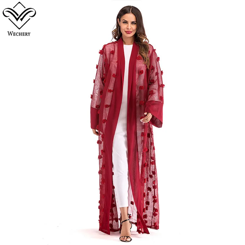 Wechery платье из Дубая аппликации дост узор черный, белый цвет Розовый и красный цвет Абая для женщин Открыть свободные мусульманская одежда