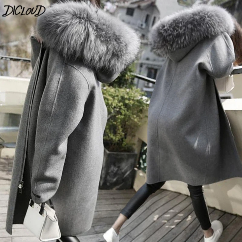 

DICLOUD Korea Hooded Coats Women Winter Long Coat Ladies Woolen Jackets Female Warm Clothes Brand Designer Outerwear 2018