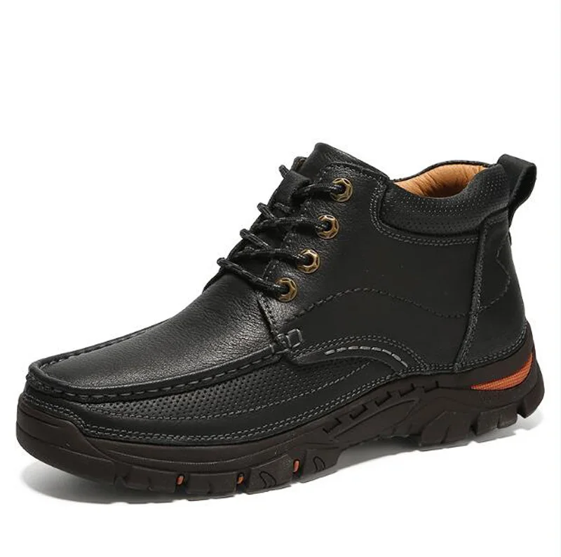 Мужские ботинки из натуральной кожи; водонепроницаемые зимние ботинки; зимняя обувь на меху со шнуровкой; удобная кожаная мужская обувь - Цвет: Черный