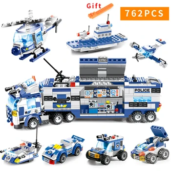 

762PCS City Police Series SWAT 8 IN 1 City Police Truck Station Building Blocks Small Bricks Toy For Children