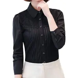 Для женщин Винтаж воротник полиэстер шифон Кнопка рубашка с длинными рукавами кружевная отделка рубашка Повседневное тонкий Простой