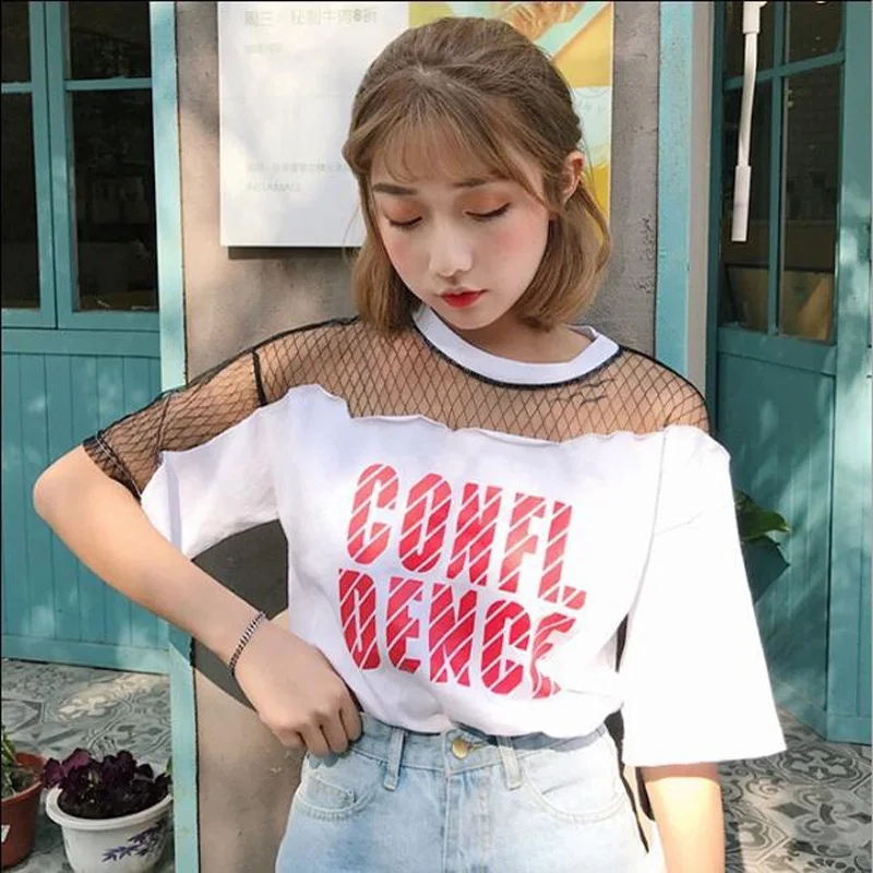 

Summer New Style T-shirt Women Hot Sexy Transparent Short Sleeve Letters Print Women Tops Tees Casual One Size T shirt Femme