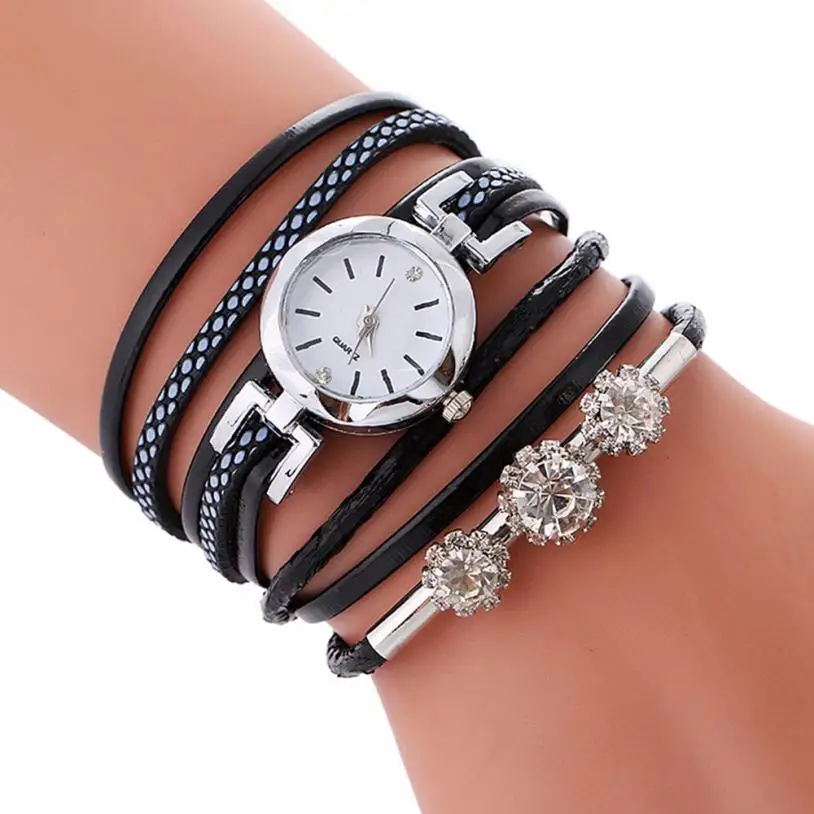Лидирующий бренд Модные Роскошные кожаный браслет со стразами часы для женщин дамы кварцевые часы повседневное наручные часы Relogio Feminino подарок