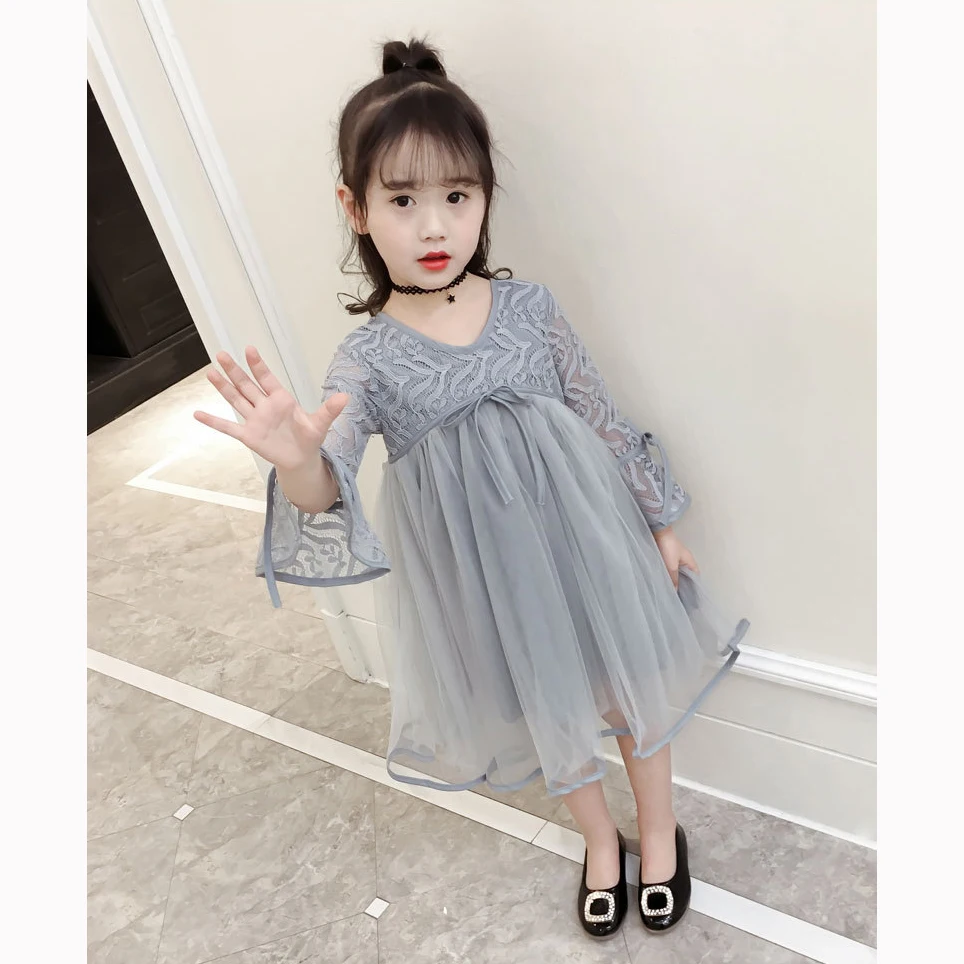 

Hurave 2018 New baby Girl clothes Summer Clothing three quarter dress Kids Clothes lace embroidery Casual solid tutu dresses