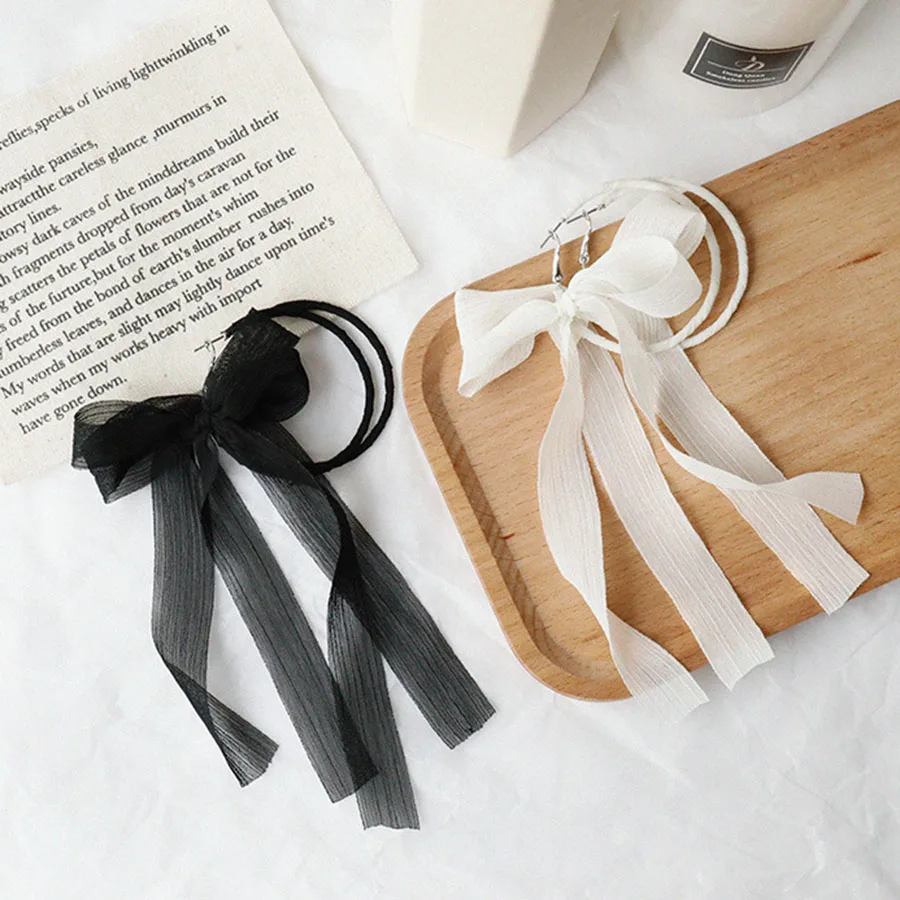 Модные ювелирные изделия Новые корейские Белые Черные Длинные Кружева бант ленты круглые серьги гвоздики для женщин Bijoux Femme Brincos BTS серьги