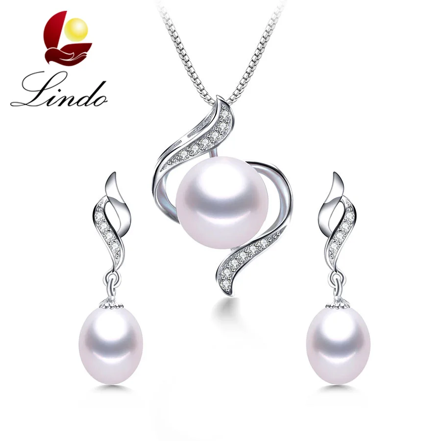 

Lindo Wedding White Real Natural Pearl Jewelry Sets For Women Fashion Silver 925 Freshwater Pearl Earrings Necklace Sets 8-9mm