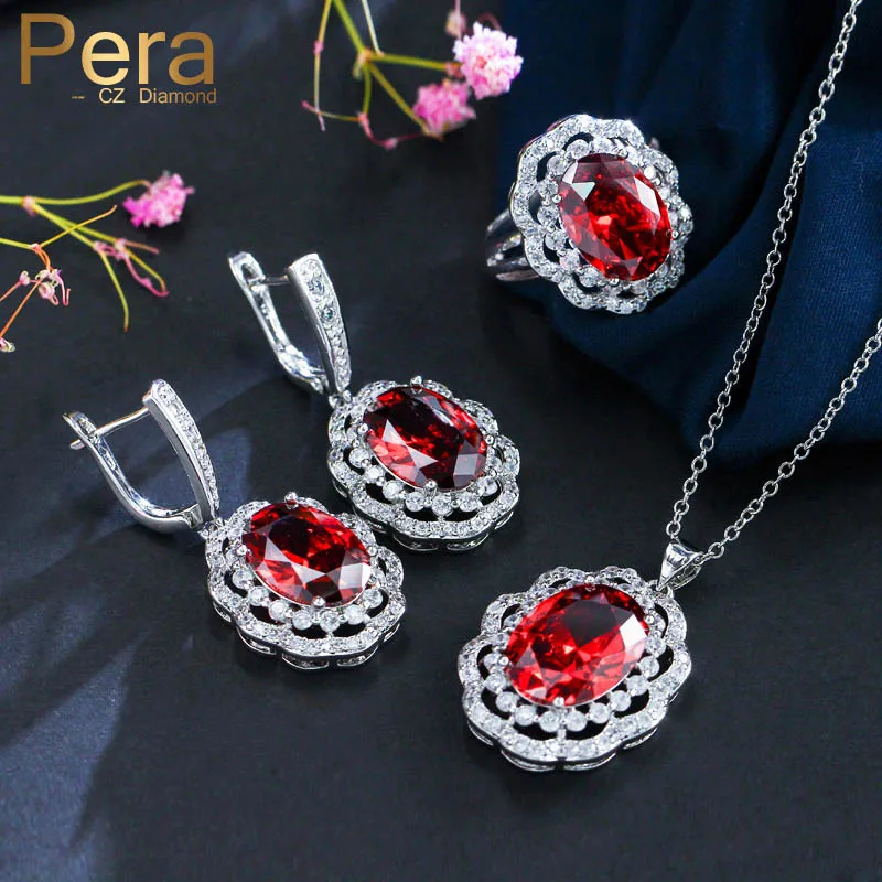 

Pera Trendy 6 Color Ladies Choice Big Round Cubic Zirconia Red And White 3 Pcs Necklace Women Jewelry Set For Evening Party J238