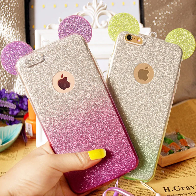 3D Minnie Mickey Mouse Ears silicone Glitter Gradient Case for iPhone 4 4S 5 5S 6 6S 7 Plus Case Cover phone cases
