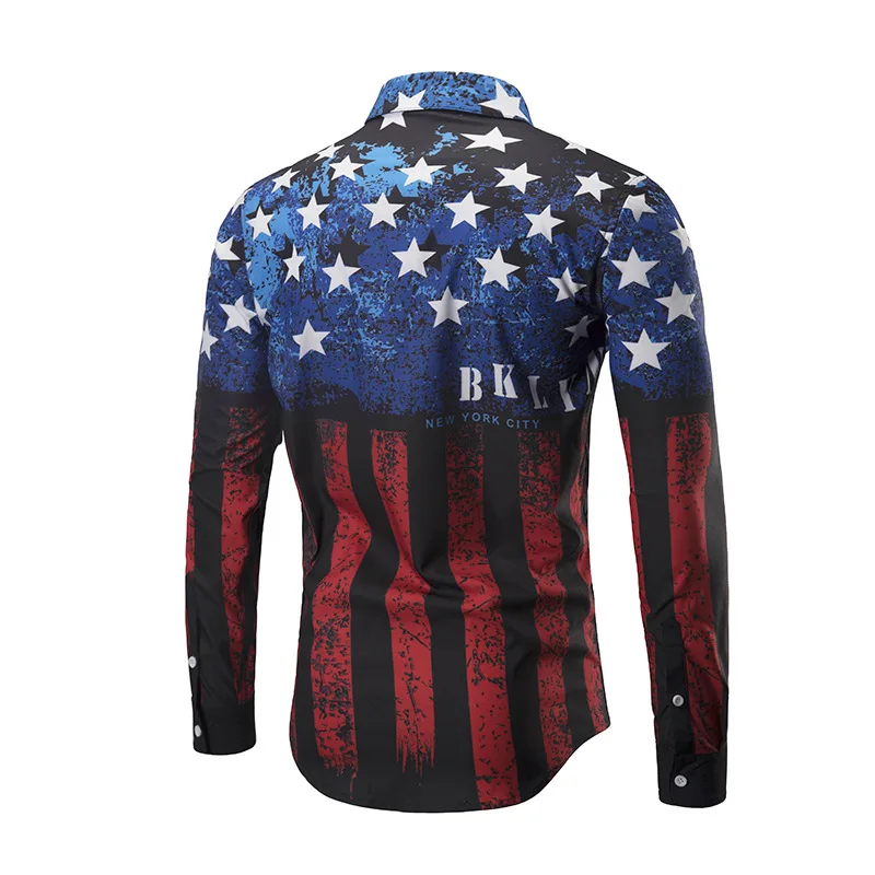  High Quality Men Shirt Long Sleeve Loose fit Star and stripe Print Turn-down Collar camisas Big Size Dress Shirts