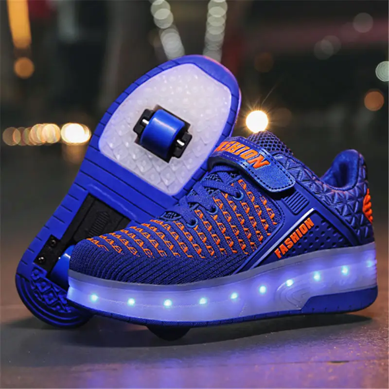Adult Kids Shoes heelies LED Flashing Dounle Wheels Roller Skate Shoes Flash Roller Skating Shoes Colorful Glowing Roller Skates - Цвет: double blue