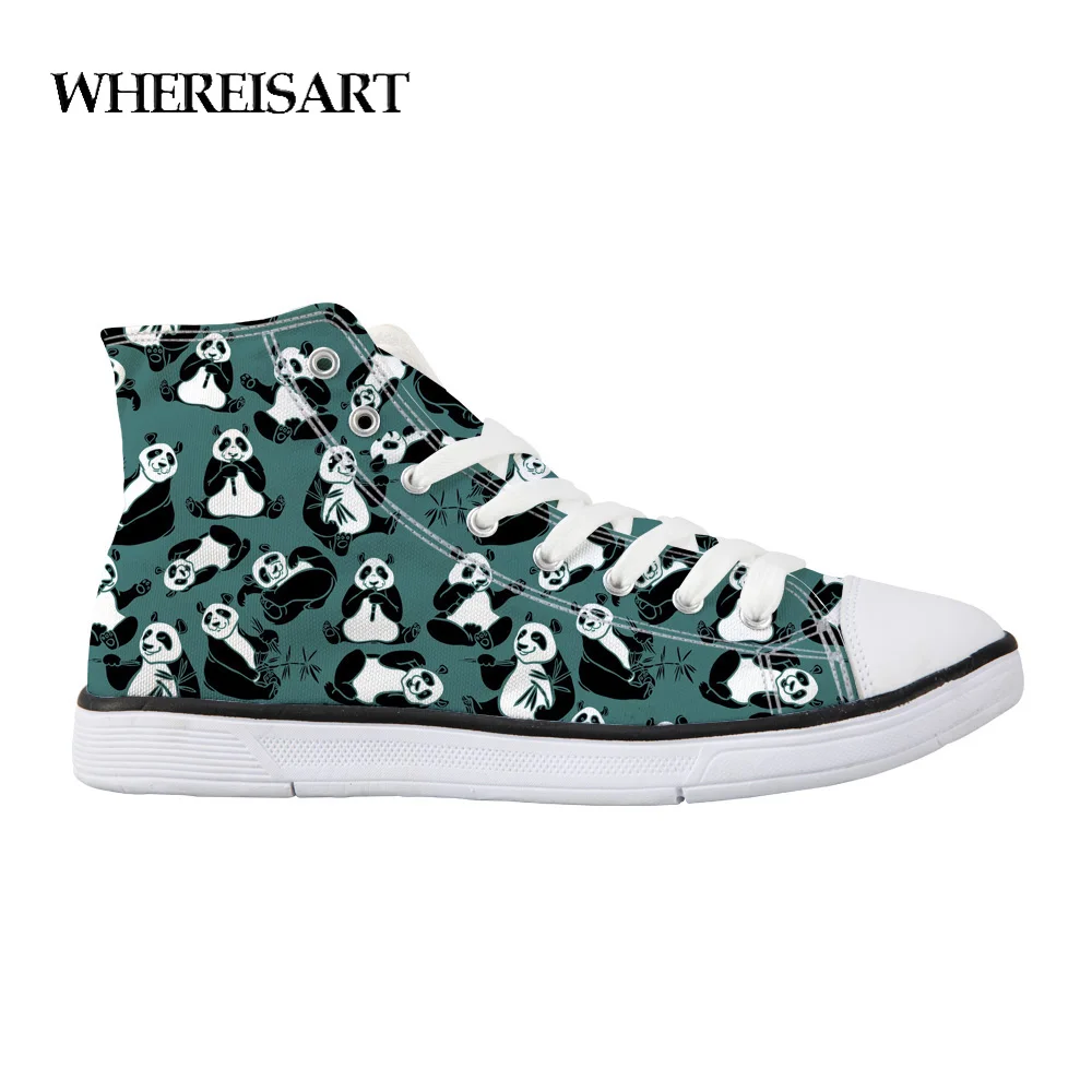 

WHEREISART Women High Top Canvas Shoes Cartoon Panda Print Student 2019 Canvas Casual Shoes Female Lace UP Rubber Flat Shoes