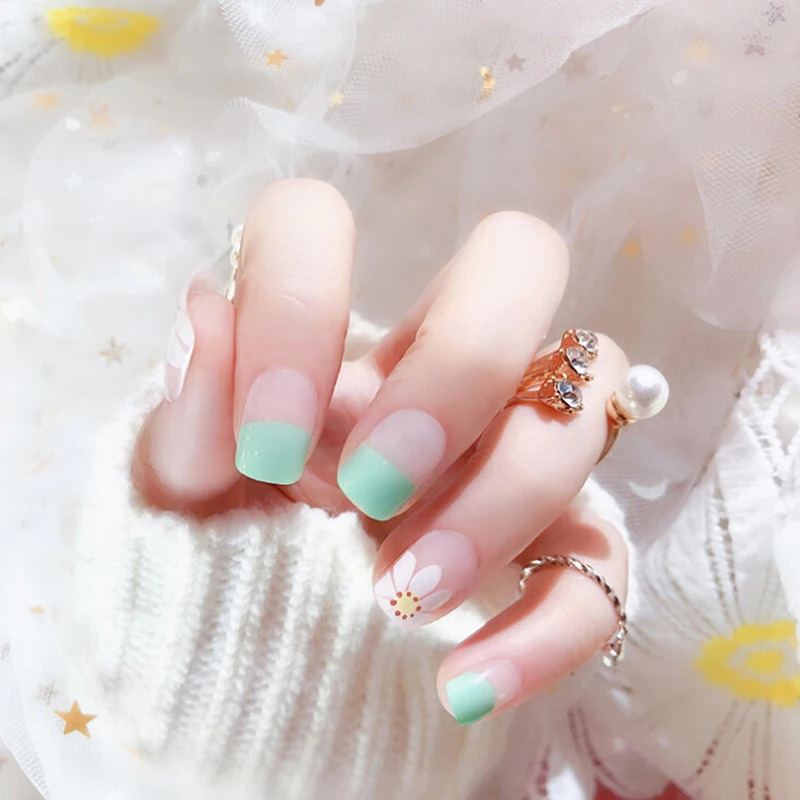 

24pcs False Nail Tips Flowers Printing False Nail With Glue 2g Nail Tips Art Design Fake Nail Sticker