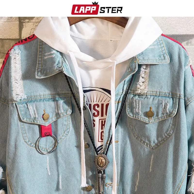 LAPPSTER Men Ribbon Blue Jean Jackets 2019 Man Japanese Streetwear Hip Hop Denim Jacket Harajuku Bomber Jacket Windbreaker INS