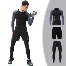 3 Pieces Men GYM Compress Fitness Sets Long Tee Top + Legging + Shorts Workout Exercise Sport Shirts Running Tights E110