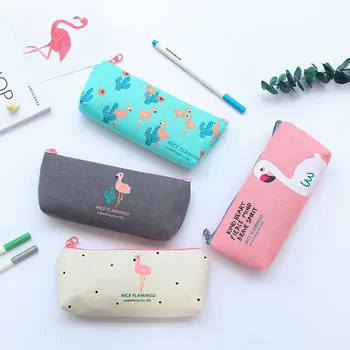 

Coloffice 1PC Simple Lovely Flamingo Canvas Pencil Bag Student Small Fresh Zipper Large Capacity Stationery Gift Pencil Case