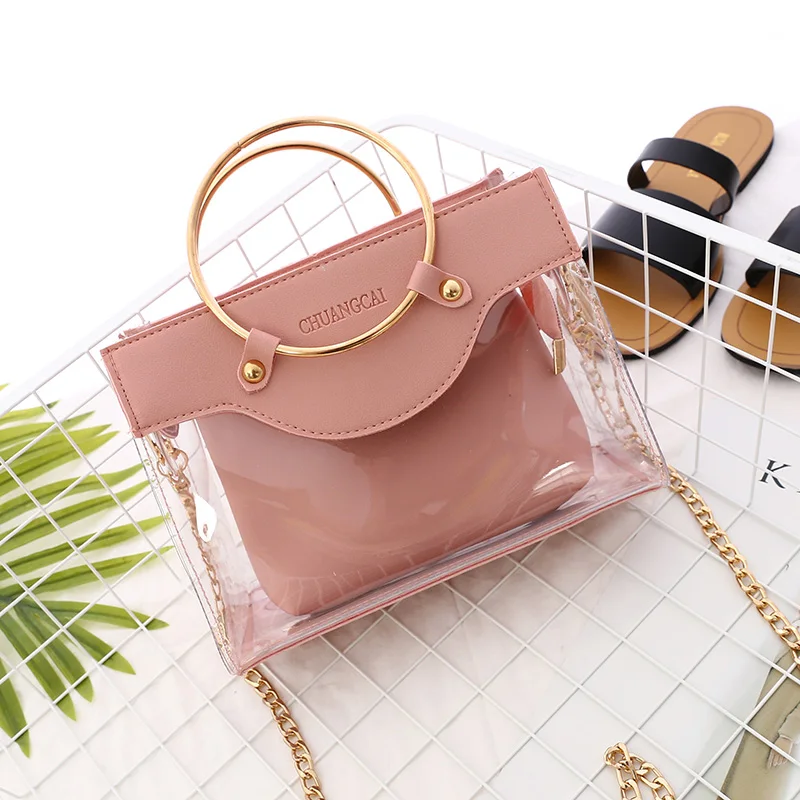 

2019 Summer New Handbag High quality PVC Transparent Women bag Metallic Ring Tote bag Beach Travel Chain Shoulder Messenger Bag