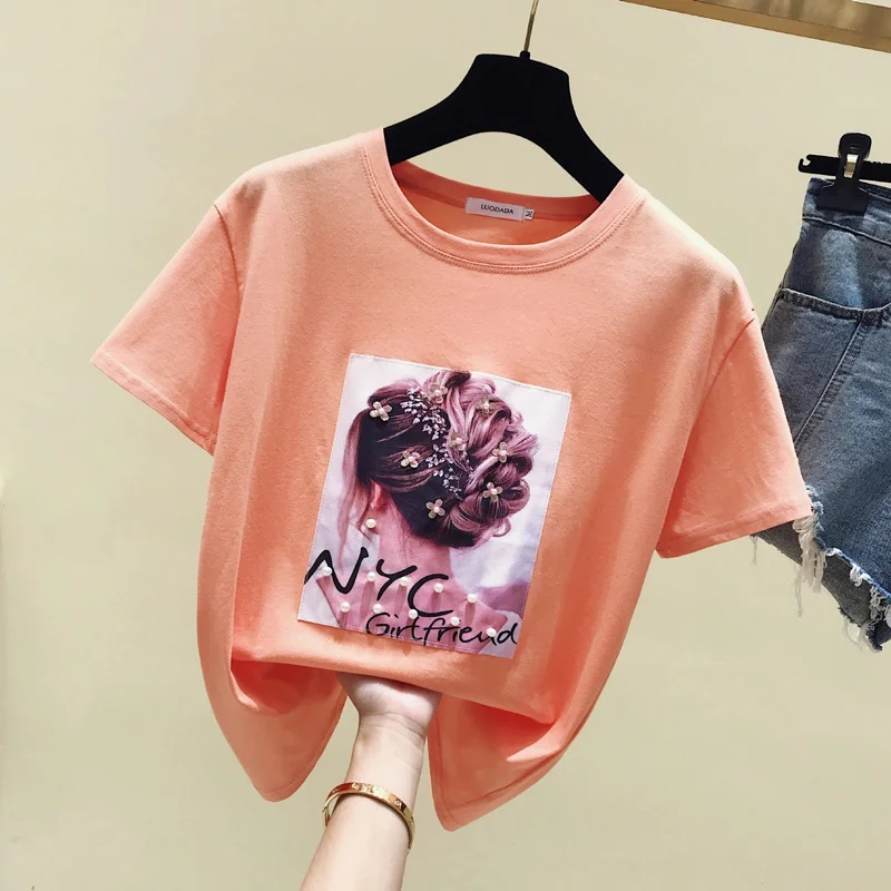 Gkfnmt, Корейская хлопковая футболка, женская одежда, летние топы с коротким рукавом, Kawaii, женская футболка, Повседневная белая, Harajuku, футболка - Цвет: Оранжевый